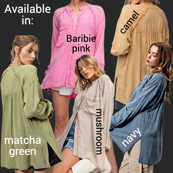 EASEL "Summer Breeze" Mineral Washed Frayed Seams Button Up Tunic Top Side Slits - Picture 14 of 15